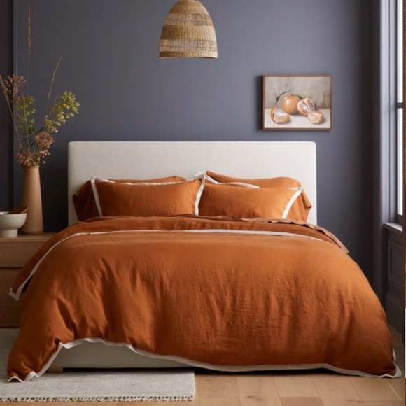Quince European Linen Contrast Flange Queen Duvet Cover Terra Cotta and Sand - Picture 4 of 5